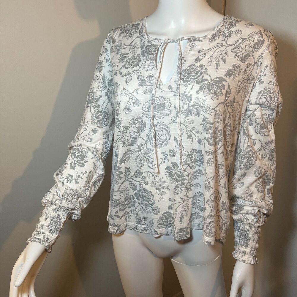 Lucky Brand Floral Blouse S Bishop Sleeves Tie Front Coastal Boho Prairie White